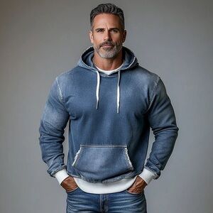Men's Casual Denim Raw Edge Pocket Long Sleeve Drawstring Hoodie XL